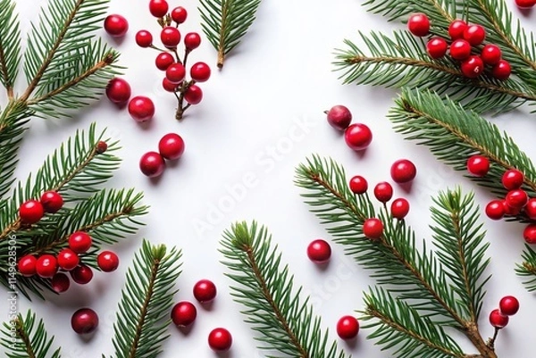 Fototapeta Silhouette Christmas Fir Branches & Red Berries on White – Festive New Year Background