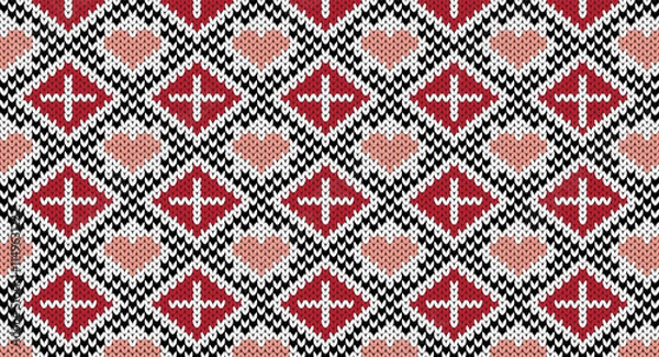 Obraz Pink heart and red geometric knitted pattern, Festive Sweater Design. Seamless Knitted Pattern, Valentine's concept.
