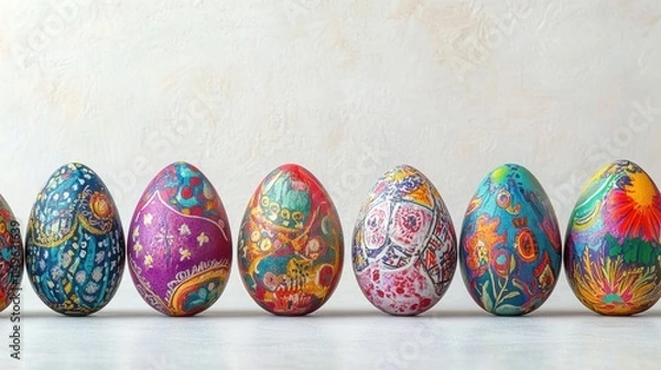 Fototapeta Colorful Decorative Eggs Arranged on Light Background for Easter