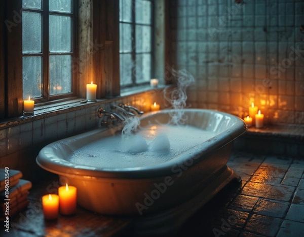 Fototapeta Tranquil Spa Bathroom:  A luxurious clawfoot bathtub filled with steaming bubbles, surrounded by flickering candlelight in a rustic bathroom setting.  The perfect image for relaxation, wellness.