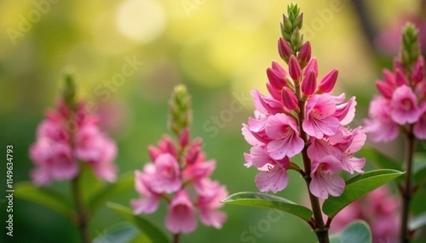 Fototapeta Pink barberry flowers swaying gently in the spring breeze, natural beauty, garden elements, pink