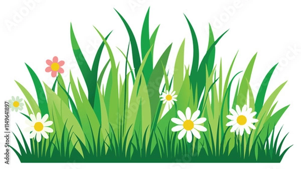 Obraz Green grass with flower frame. Spring grass and daisy border isolated.