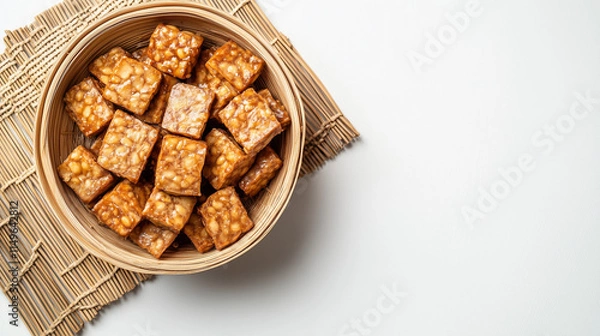 Obraz Surowy tempeh w misce, podany na białym tle, z dużą przestrzenią na napisy lub projekt graficzny.