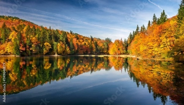 Fototapeta Generated image A tranquil lake reflects the vibrant colors of an autumn forest, creating a surreal