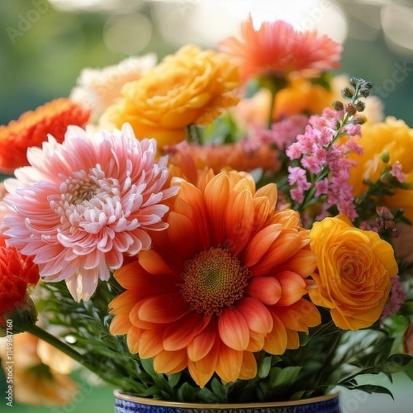 Fototapeta Generated image A vibrant and colorful close-up of fresh flowers arranged in a stylish vase, with soft-focus