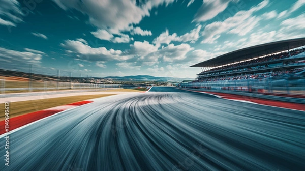 Fototapeta Exciting high-speed racing action at a motorsport circuit under an expansive sky. 