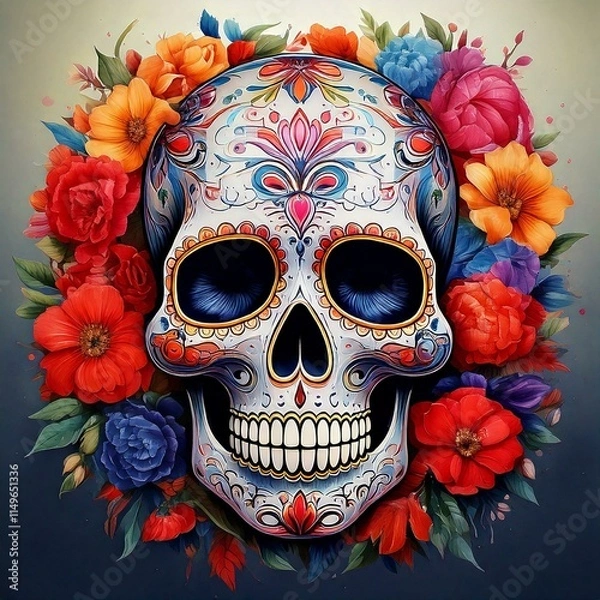 Fototapeta Illustration of vibrant Dia de los Muertos skulls with watercolor flowers