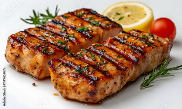 Obraz Grilled salmon fillets garnished with herbs and lemon, served on a plate.