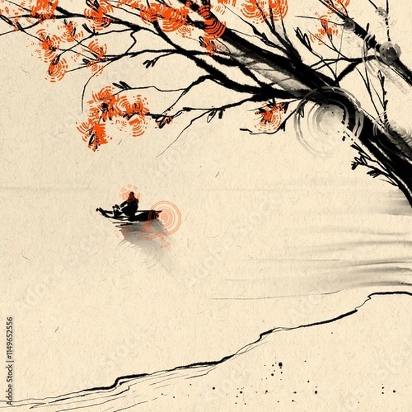 Obraz Minimalistic Chinese landscape brushstrokes black and red