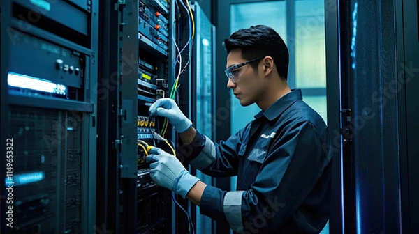 Obraz professional IT technician with network equipment in server room