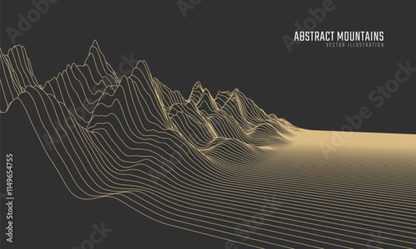 Fototapeta Contour mountain landscape. Waved line art. Abstract minimal topographic map. Contour lines with elevations and terrain depth. Vector illustration.