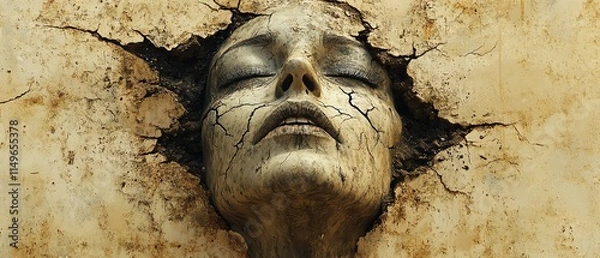 Fototapeta An abstract, corroding human face with cracks and a dirtcovered ground, blending organic and earth elements in a powerful, symbolic composition