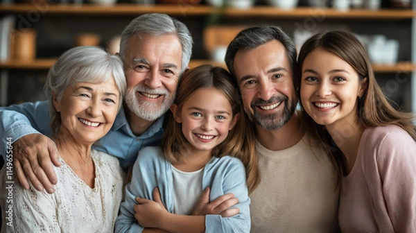Fototapeta Generations United – Multigenerational Family Sharing a Meal in a Bright Modern Kitchen