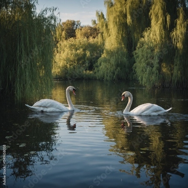Obraz A pair of swans gracefully swimming in a tranquil lake surrounded by willows.