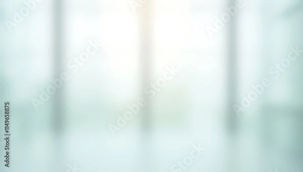 Fototapeta Blurred background of minimalist glass wall interior with city. Window view