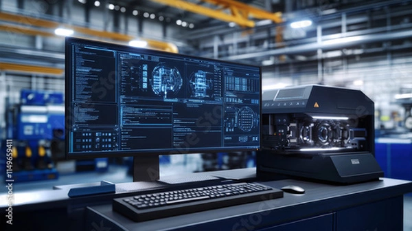 Fototapeta Integration of digital design with industrial machinery in a modern factory environment