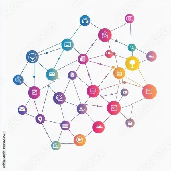 Obraz A colorful network of icons and circles, with a yellow dot in the middle. Concept of a complex web of connections and interactions, with each icon representing a different aspect of modern life