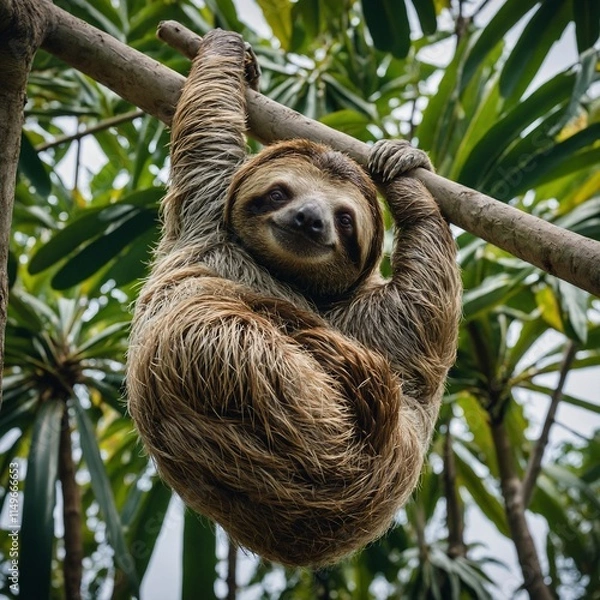 Obraz A sleepy sloth hanging upside down from a tropical tree branch.