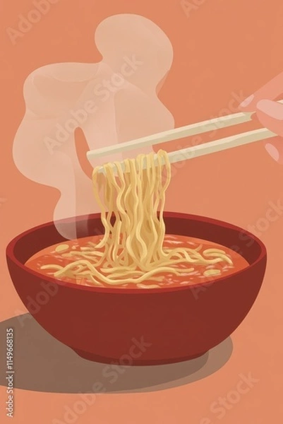 Fototapeta A hand uses chopsticks to lift steaming noodles from a vibrant red bowl of delicious ramen.