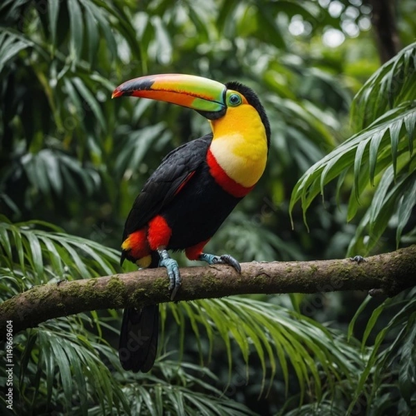 Obraz A vibrant toucan perched on a branch surrounded by lush greenery.