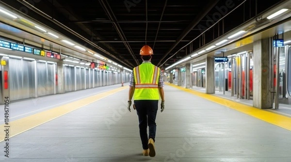 Fototapeta A male construction worker in a safety vest walks down an empty subway platform, showcasing his dedication and attention to safety.