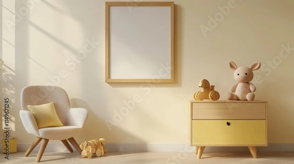 Fototapeta Realistic wooden photo frame simulation of an empty space, hanging on a beige wall, ideal for decorating children's bedrooms, modern medieval style rooms, product shooting, simple background
