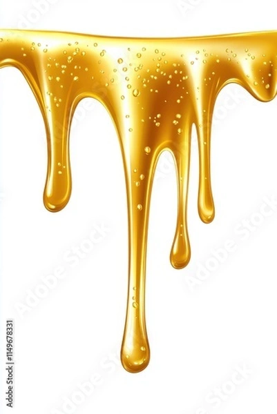 Fototapeta Golden honey dripping gracefully, showcasing its rich texture and vibrant color against a clean white background.