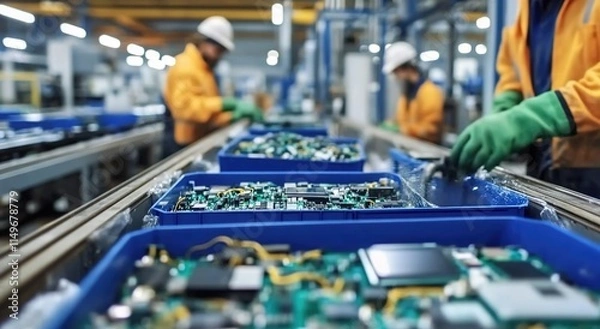 Fototapeta An advanced recycling facility with workers sorting electronic waste, including circuit boards and motherboards, on a conveyor belt