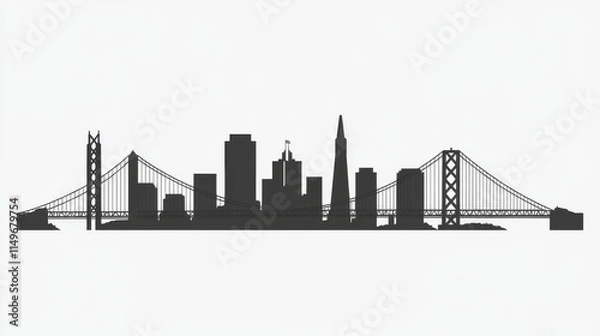Fototapeta Silhouette of a vibrant city skyline featuring iconic bridges and skyscrapers against a light background.