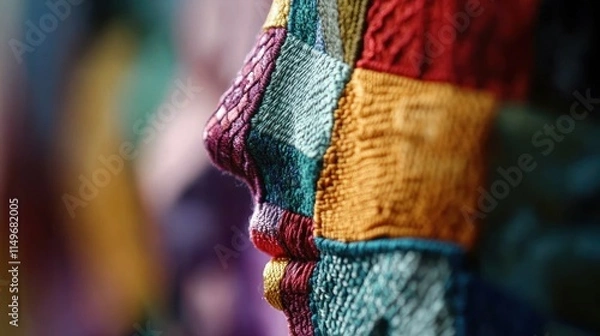Fototapeta Close-up of a colorful knitted face profile.
