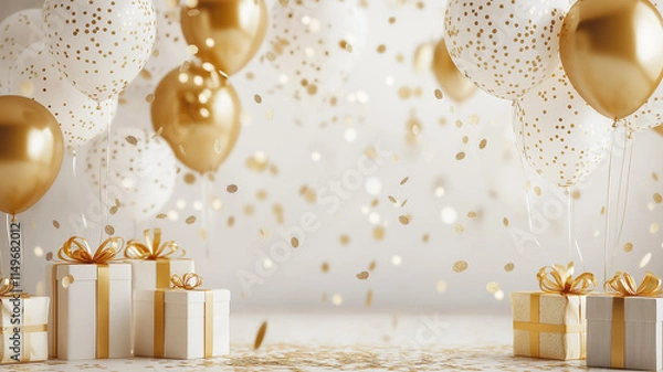 Fototapeta Luxurious Party backdrop with gold and white balloons and gifts