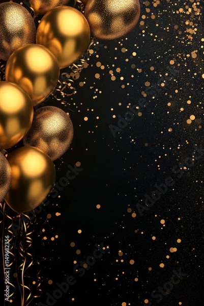 Fototapeta Luxurious Black Party Background with shiny golden balloons