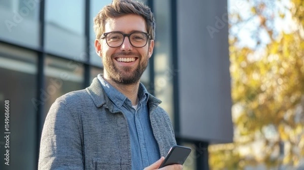 Obraz The Man with Smartphone Smiling
