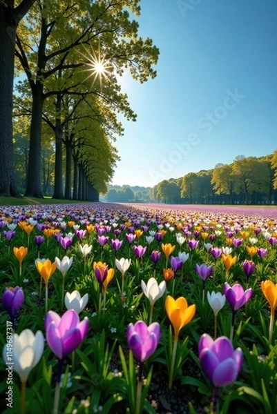 Fototapeta A carpet of crocuses in a field with tall trees and a clear blue sky, field, bloom