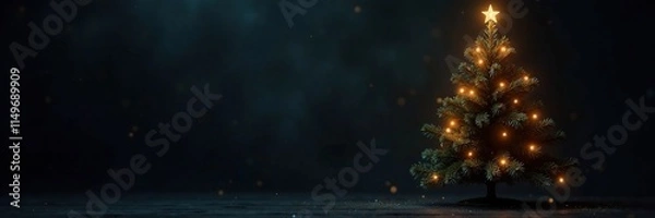 Fototapeta A dark Christmas tree with a single gold light in the background of a black room, holiday ambiance, winter wonderland, dark christmas tree