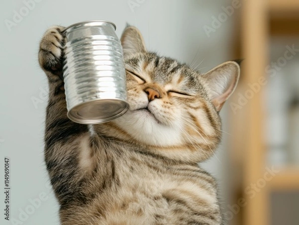 Fototapeta A playful cat joyfully holds up a can, showcasing its exuberant personality and love for fun.