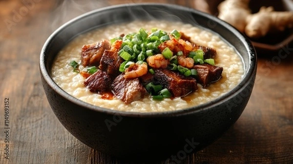 Fototapeta Close-up of a steaming bowl of rice congee topped with shrimp, pork, crispy bits, and fresh green onions on a wooden table.