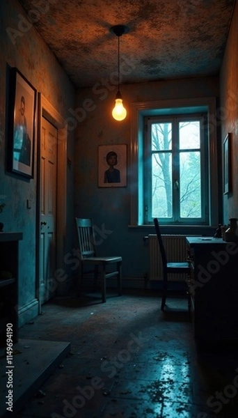 Fototapeta A dimly lit room has a single light bulb suspended from the ceiling, eerie atmosphere, relaxation