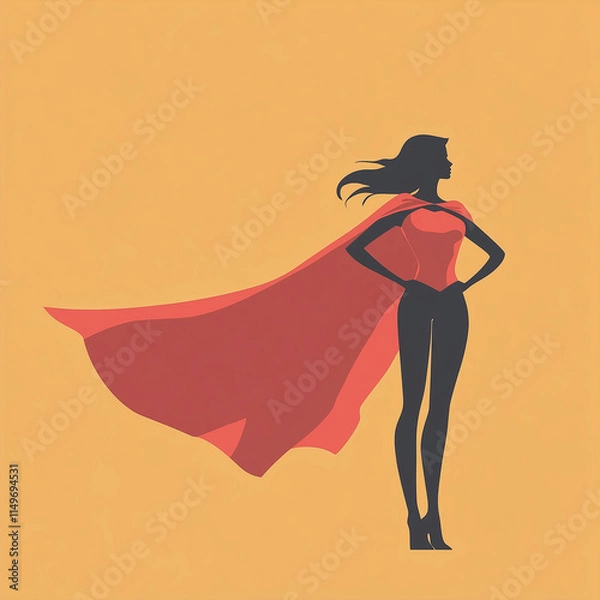Fototapeta Stylish superhero woman standing strong with flowing cape against minimalistic background
