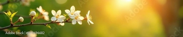 Fototapeta A fragrant jasmine sprig branch stretches towards the warm sunlight on a summer day, flowering plant, sunny day