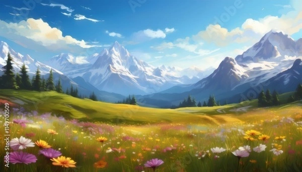 Fototapeta Vibrant wildflower meadow stretching beneath towering snow capped mountain peaks, displaying stunning natural alpine landscape composition
