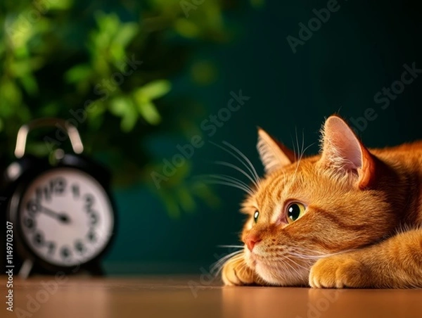 Fototapeta A curious orange cat lies on a table, staring intently at a clock, surrounded by greenery, creating a calm and cozy atmosphere.