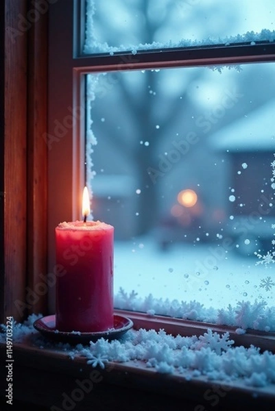Fototapeta An icy winter scene with an Advent candle placed on a frosty window sill, winter scene, snowflakes, ice