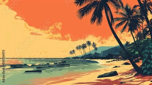 Fototapeta A digital art illustration of a tropical beach with palm trees and a sunset.