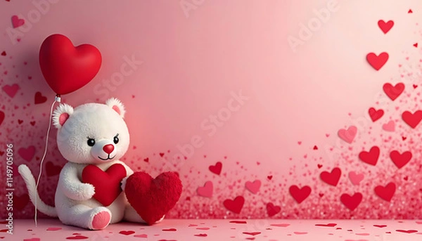 Fototapeta Adorable white teddy bear holding red hearts, surrounded by scattered hearts on a soft pink background, symbolizing love and affection