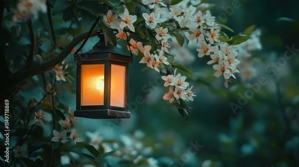 Fototapeta Illuminated lantern hanging from a blossoming tree branch at dusk.