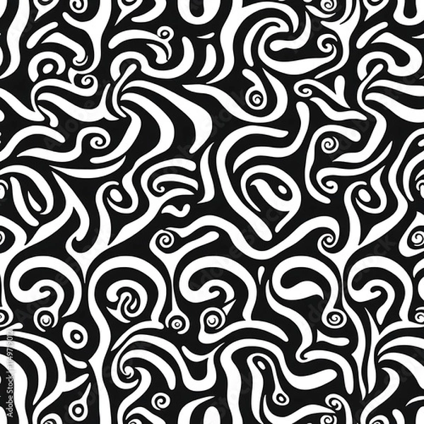 Fototapeta Abstract Swirls Seamless Pattern: A mesmerizing black and white pattern with swirling, organic shapes that create a dynamic and captivating visual experience. Perfect for textile design, wallpaper.