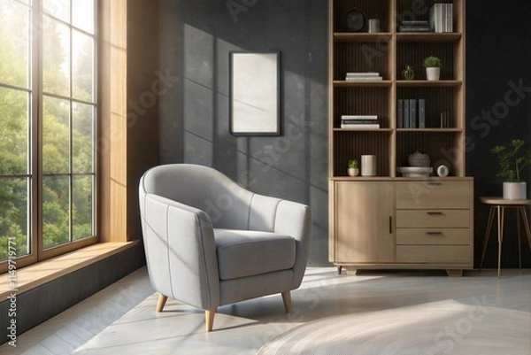 Fototapeta A Scandinavian-style living room with a grey barrel chair by a large window, sunlight streaming in, wooden shelving units with minimalist decor, and a sleek cabinet against a textured dark wall