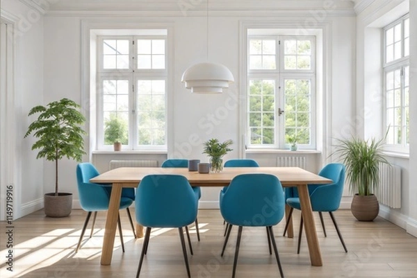 Fototapeta A Scandinavian-style dining room with a minimalist wooden dining table and vibrant blue chairs, surrounded by natural light from large windows, white walls, and greenery in simple pots, captured in HD