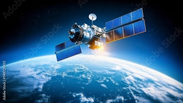 Fototapeta Global internet connection concept with a 3D globe and a satellite in space